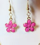 Handmade Pink Flower Pendant Dangle Earrings with 14K Gold