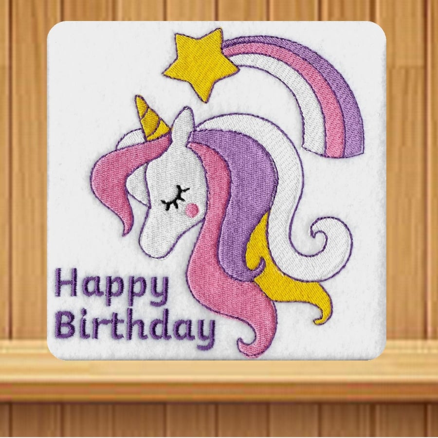 Handmade Embroidered Happy Birthday Unicorn Design greetings card 