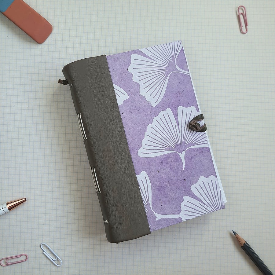 A6 notebook, handmade journal, hand bound leather spine with leaf print cover