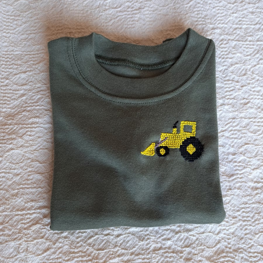 Digger, tractor, T-shirt, 6-12 months, hand embroidered