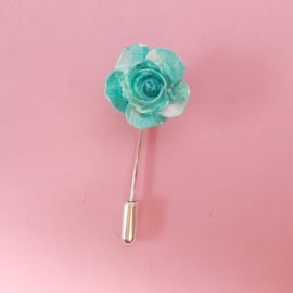 Small Delicate TURQUOISE ROSE PIN Wedding Lapel Flower Love Token HAND PAINTED