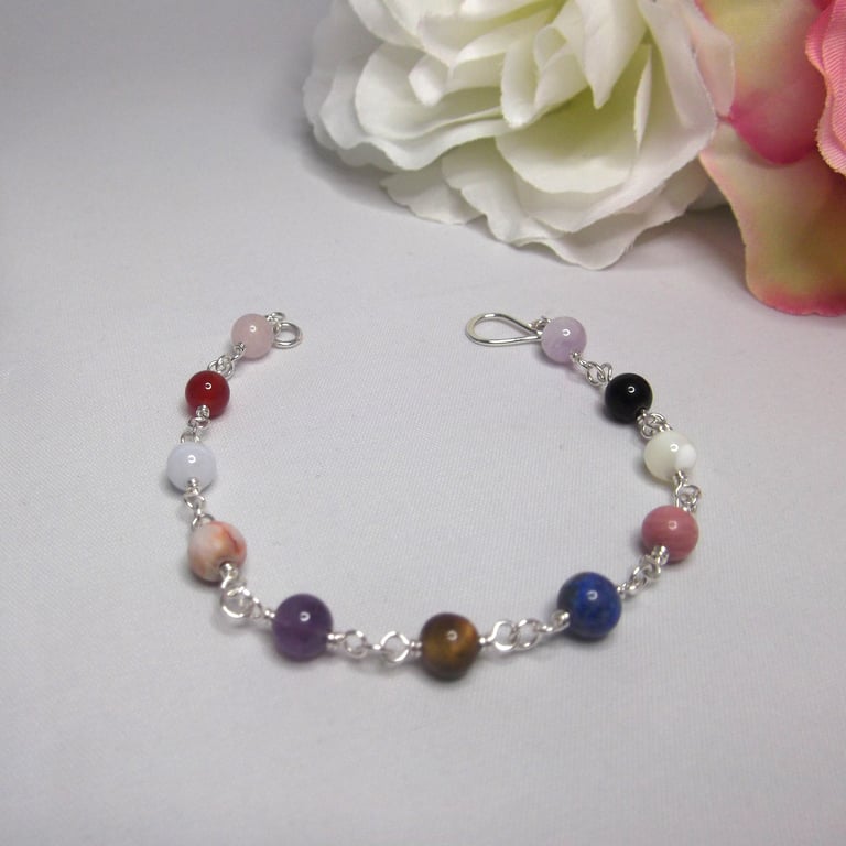 Mixed crystal gemstones bead bracelet with recycled silver wire wrapped links