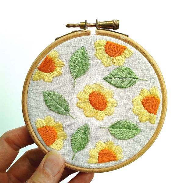 Summer Flowers Hoop Art Embroidery, Hand Embroidered Textile Art