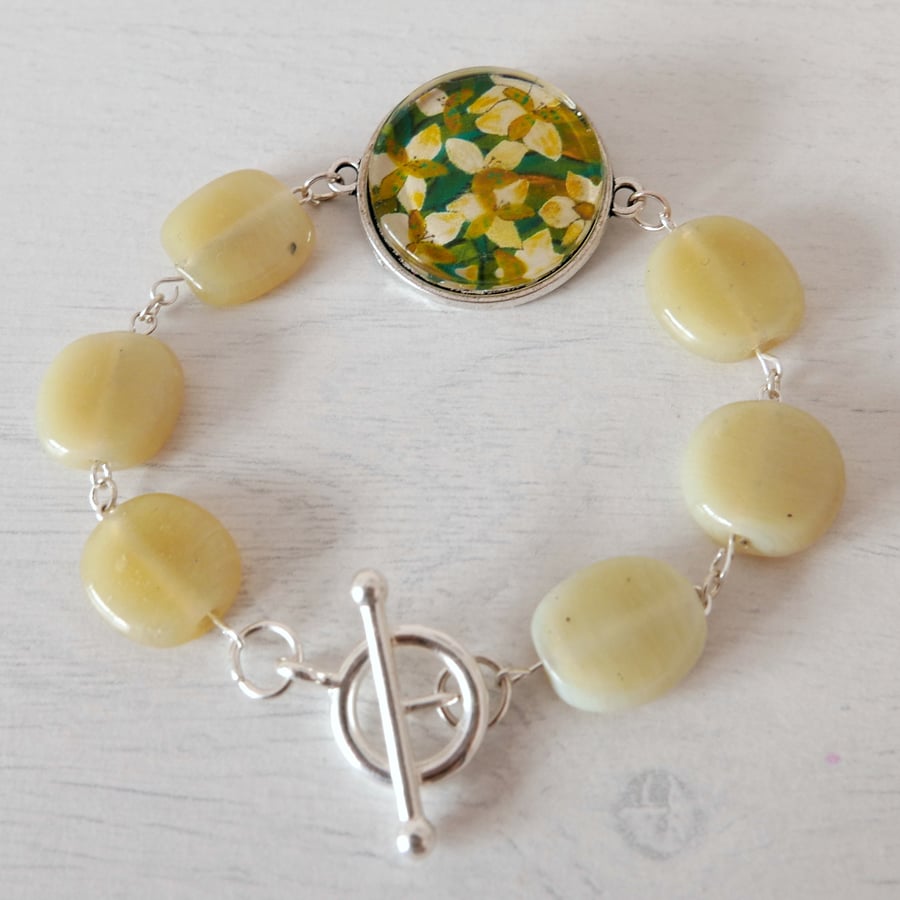 Green Yellow Bracelet with Lily Art Print and Pale Green Glass Beads