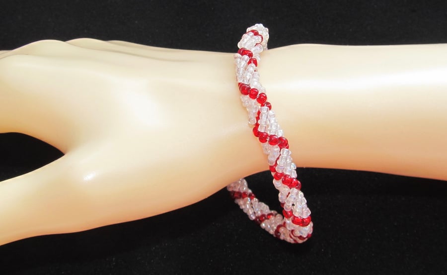 Slimline Bracelet: Ruby Red, White & AB Seed Beads in a Spiral Weave