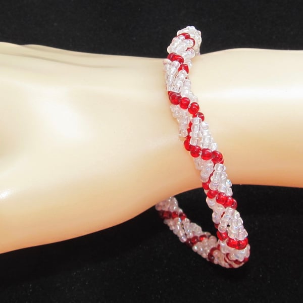 Slimline Bracelet: Ruby Red, White & AB Seed Beads in a Spiral Weave