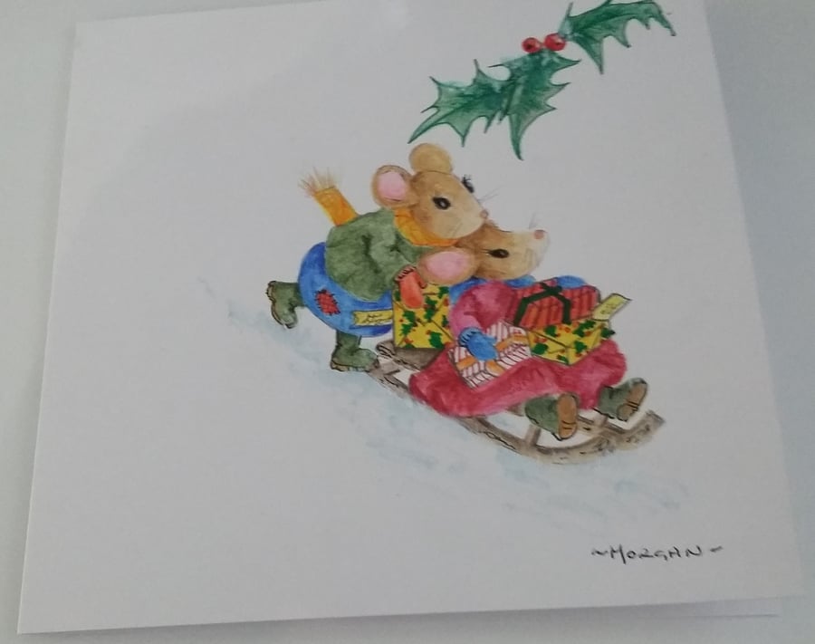 HAND PAINTED WATER COLOUR CARD  OF CHRISTMAS MICE