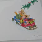 HAND PAINTED WATER COLOUR CARD  OF CHRISTMAS MICE