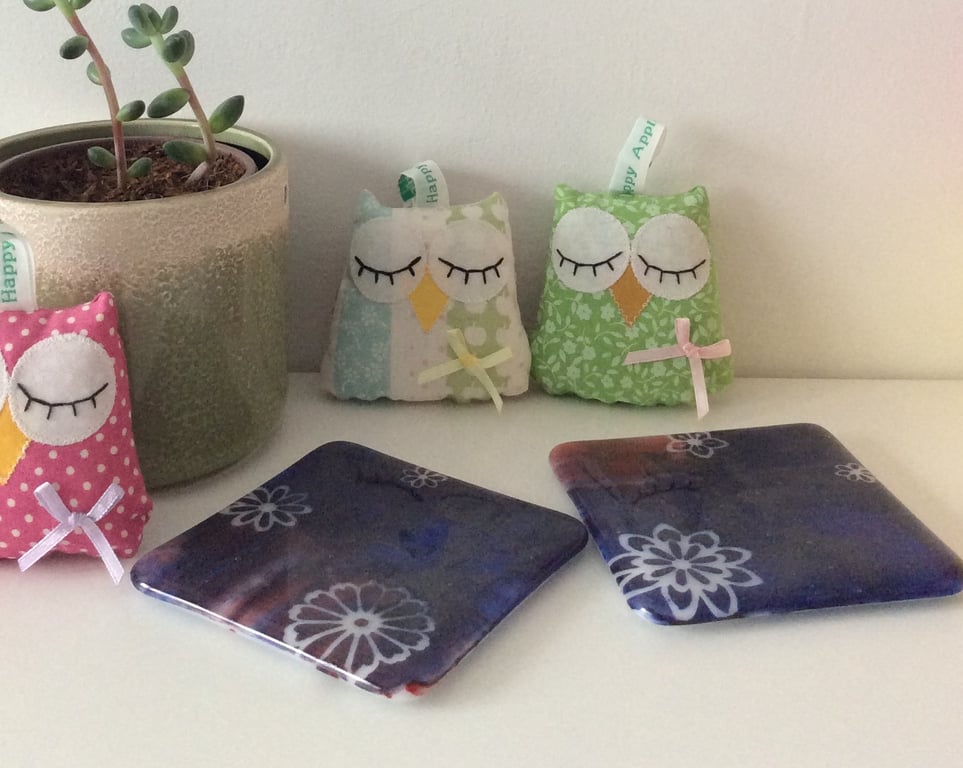 Hand Painted Blue, Purple & Pink Floral Fused Glass Coasters (x 2)