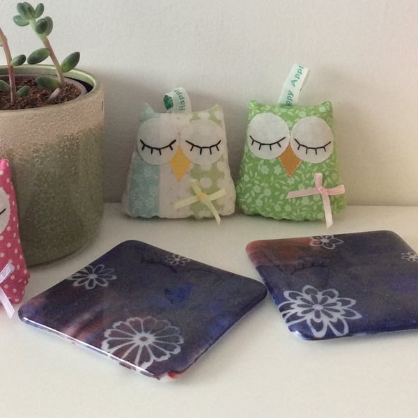 Hand Painted Blue, Purple & Pink Floral Fused Glass Coasters (x 2)