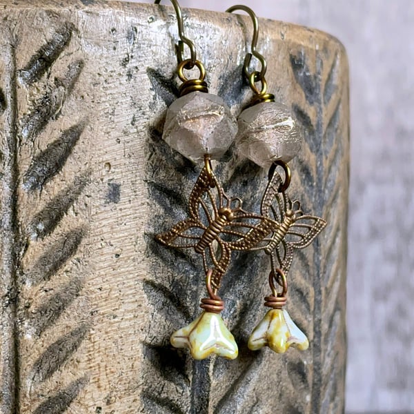 Brass Butterfly Earrings with Rustic Czech Glass - Whimsical Nature Jewellery