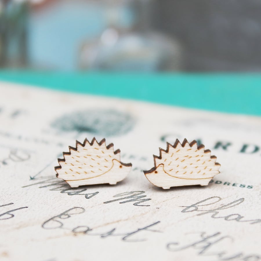 Wooden Hedgehog Stud Earrings