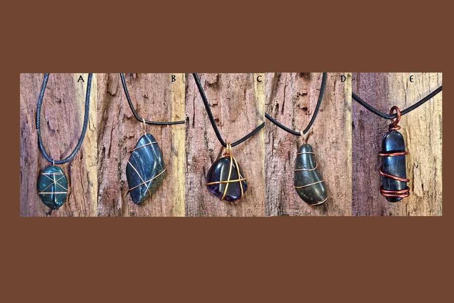 Copper Wire Wrapped Sea River Stone Pendant Necklaces