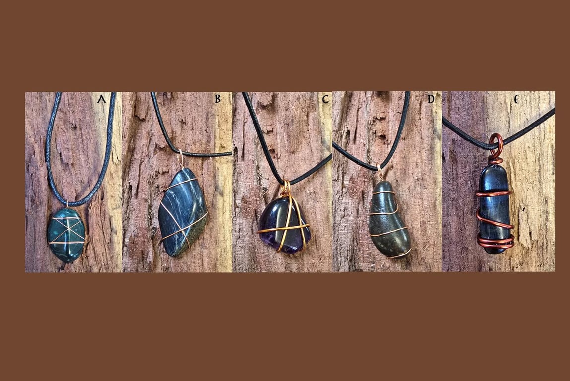 Copper Wire Wrapped Sea River Stone Pendant Necklaces
