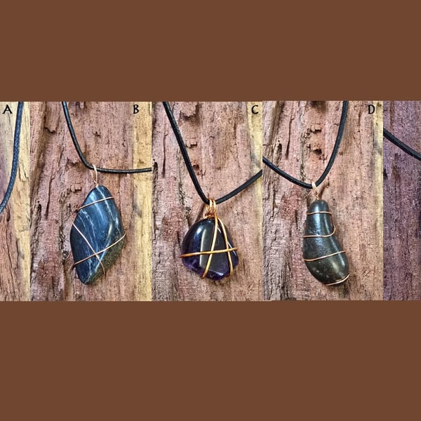Copper Wire Wrapped Sea River Stone Pendant Necklaces