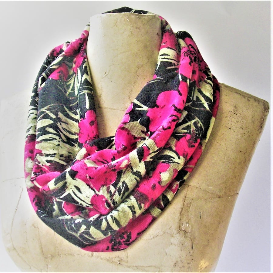 Floral scarf, bright pink flowers, black background, single loop Jersey cowl