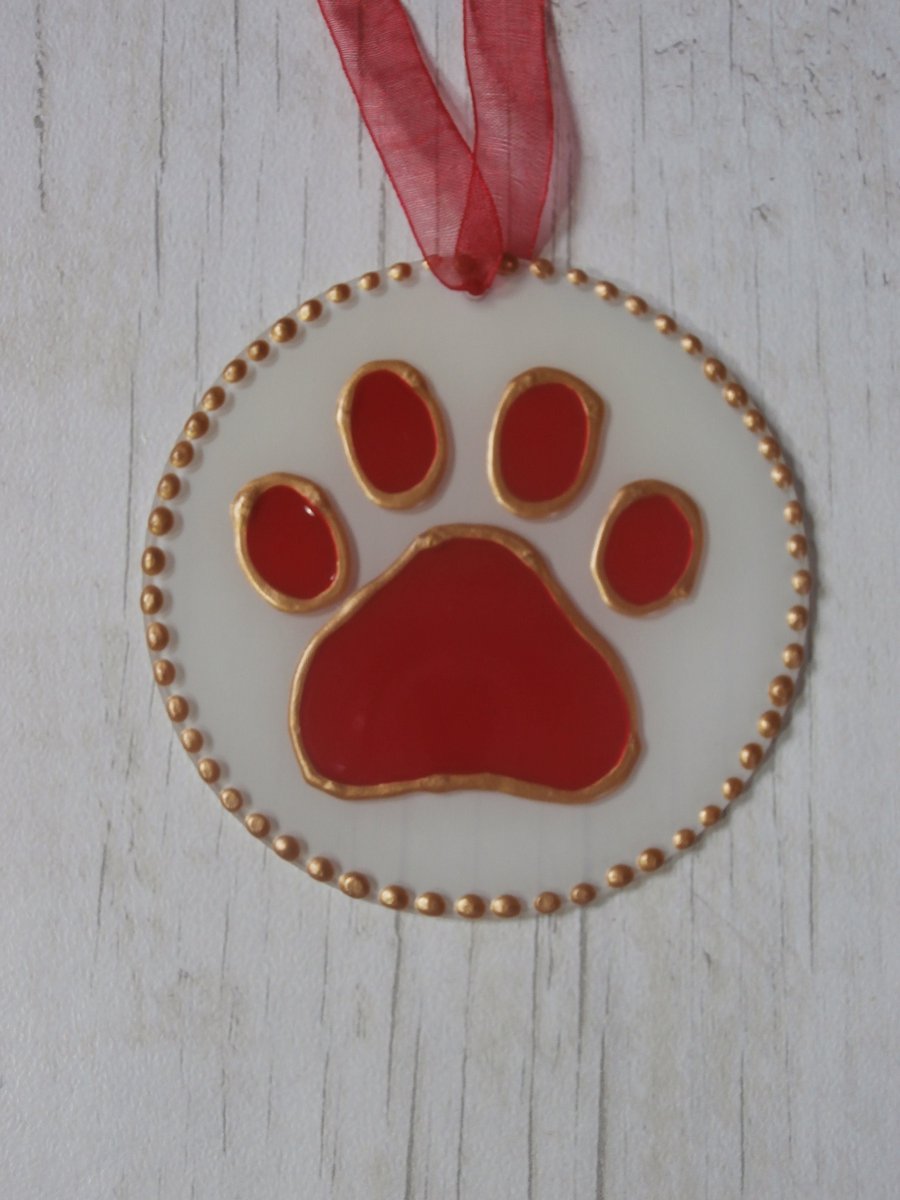 Pawprint in the snow sun catcher decoration, Hand painted. Pet lover gift, 