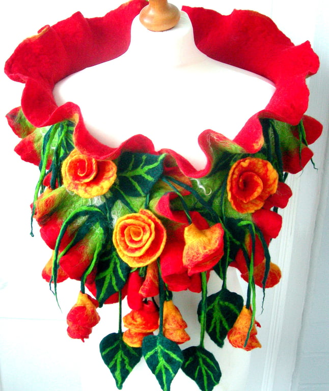 Hand Felted, Wool Jewelry scarf-100% WOOL MERINO-ROSES DELIGHT-