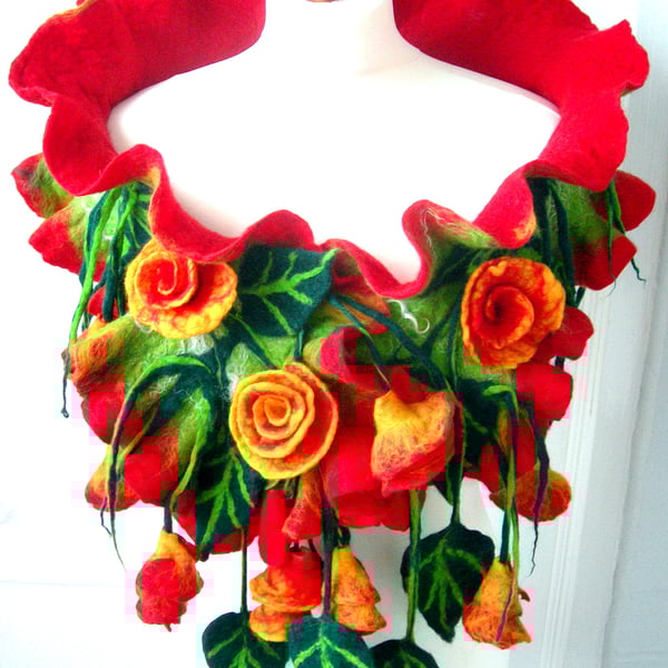 Hand Felted, Wool Jewelry scarf-100% WOOL MERINO-ROSES DELIGHT-