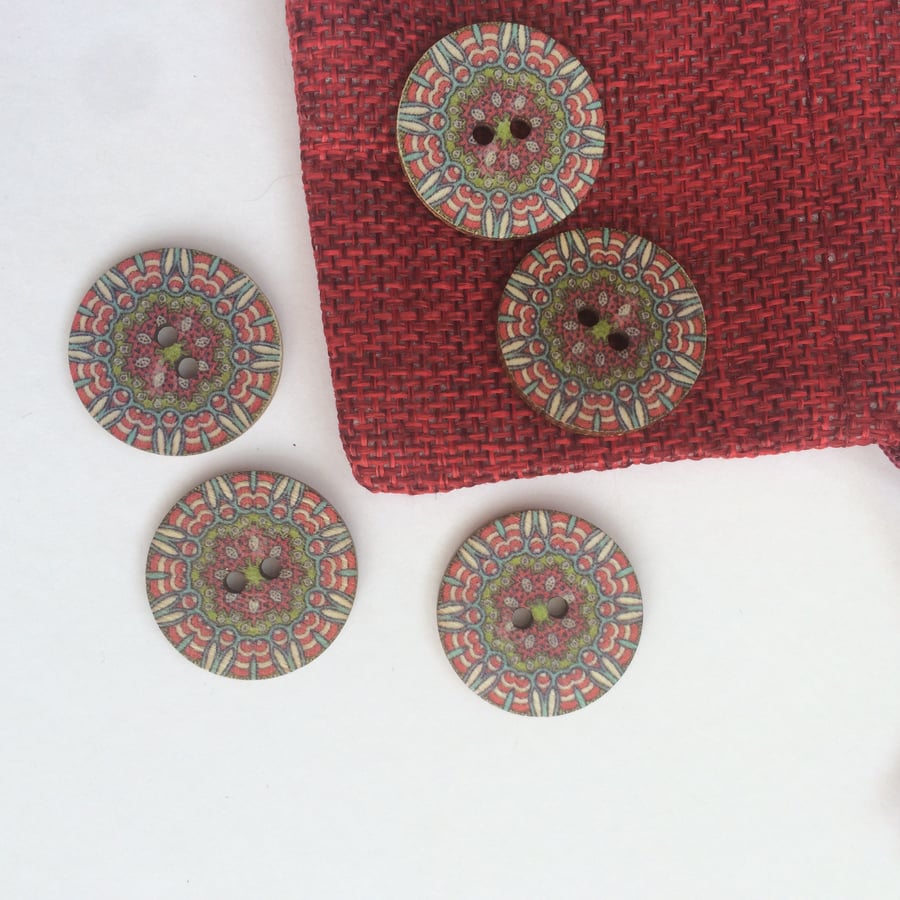 Red Flower Mandala Wood buttons 1" , 25mm across