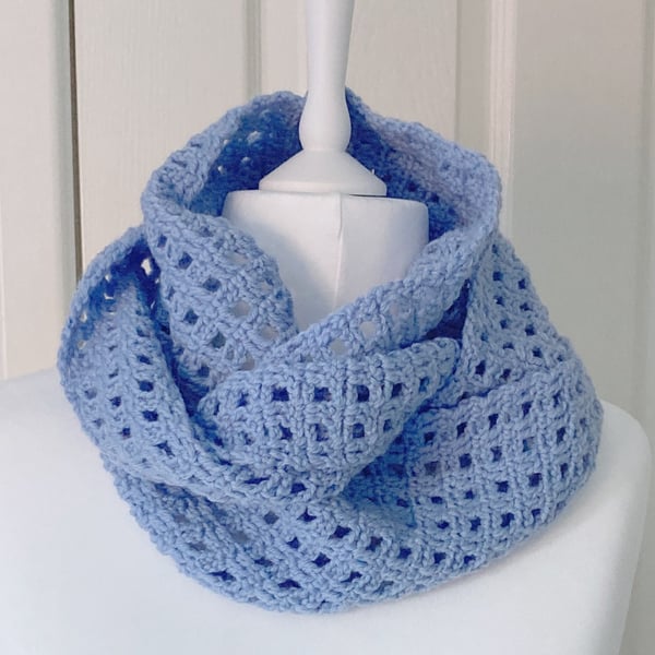 Crocheted Pale Blue  Mesh Infinity Scarf with a Twist - Merino Wool 