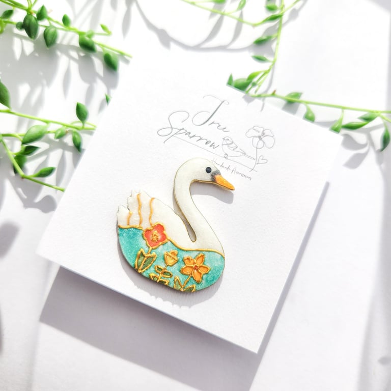 Hand-painted Swan Brooch