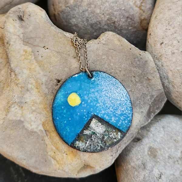 Moonlight Over Mountain pendant in enamel 