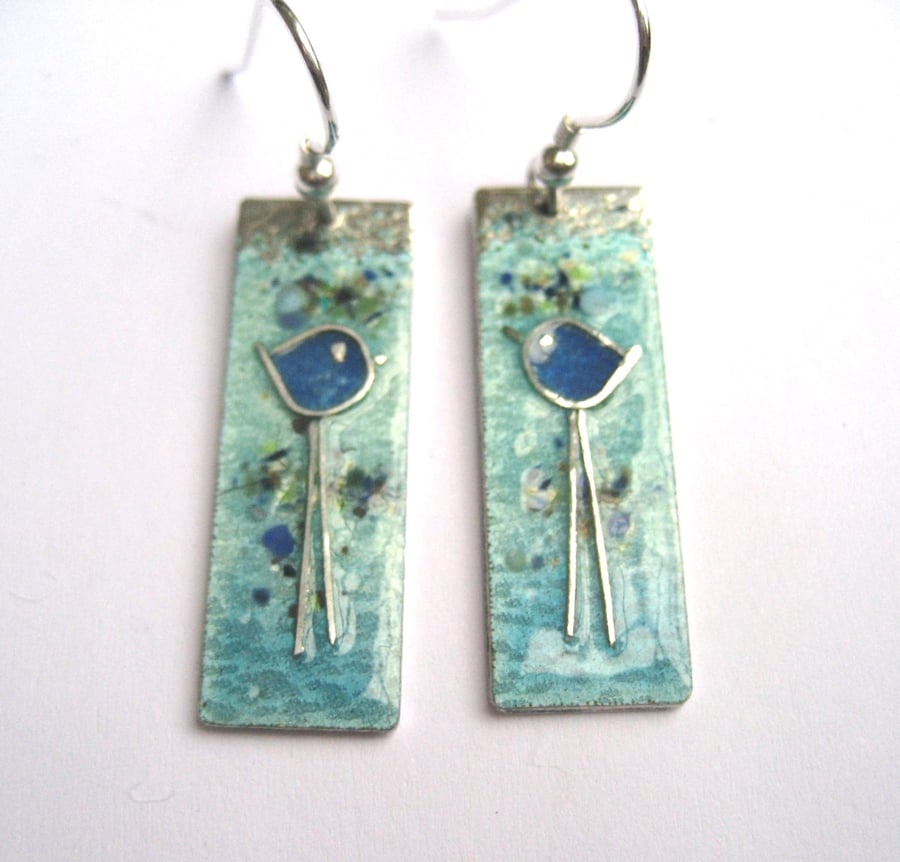 Long legged bluebird earrings in enamelled fine silver