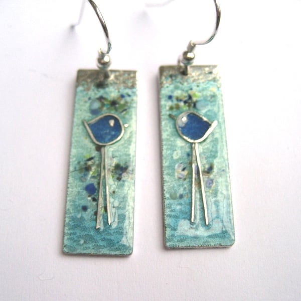 Long legged bluebird earrings in enamelled fine silver