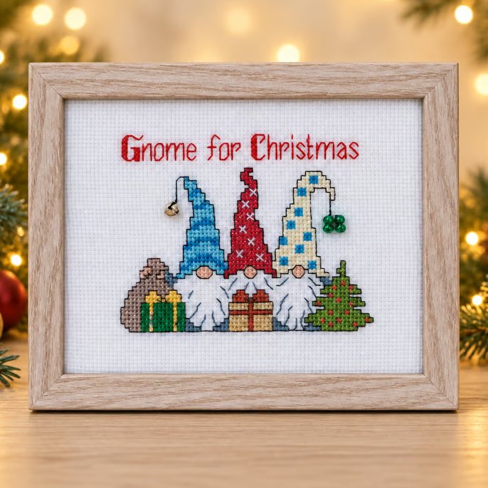 Gnome for Christmas – Handmade Framed Cross-Stitch Gonk Trio