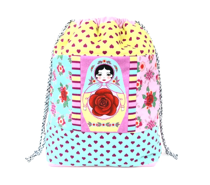 Handmade Nesting Doll Patchwork Drawstring Project Bag
