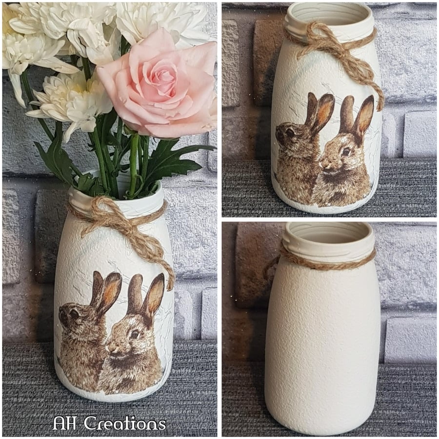 Decoupaged rabbit vase or utensil jar