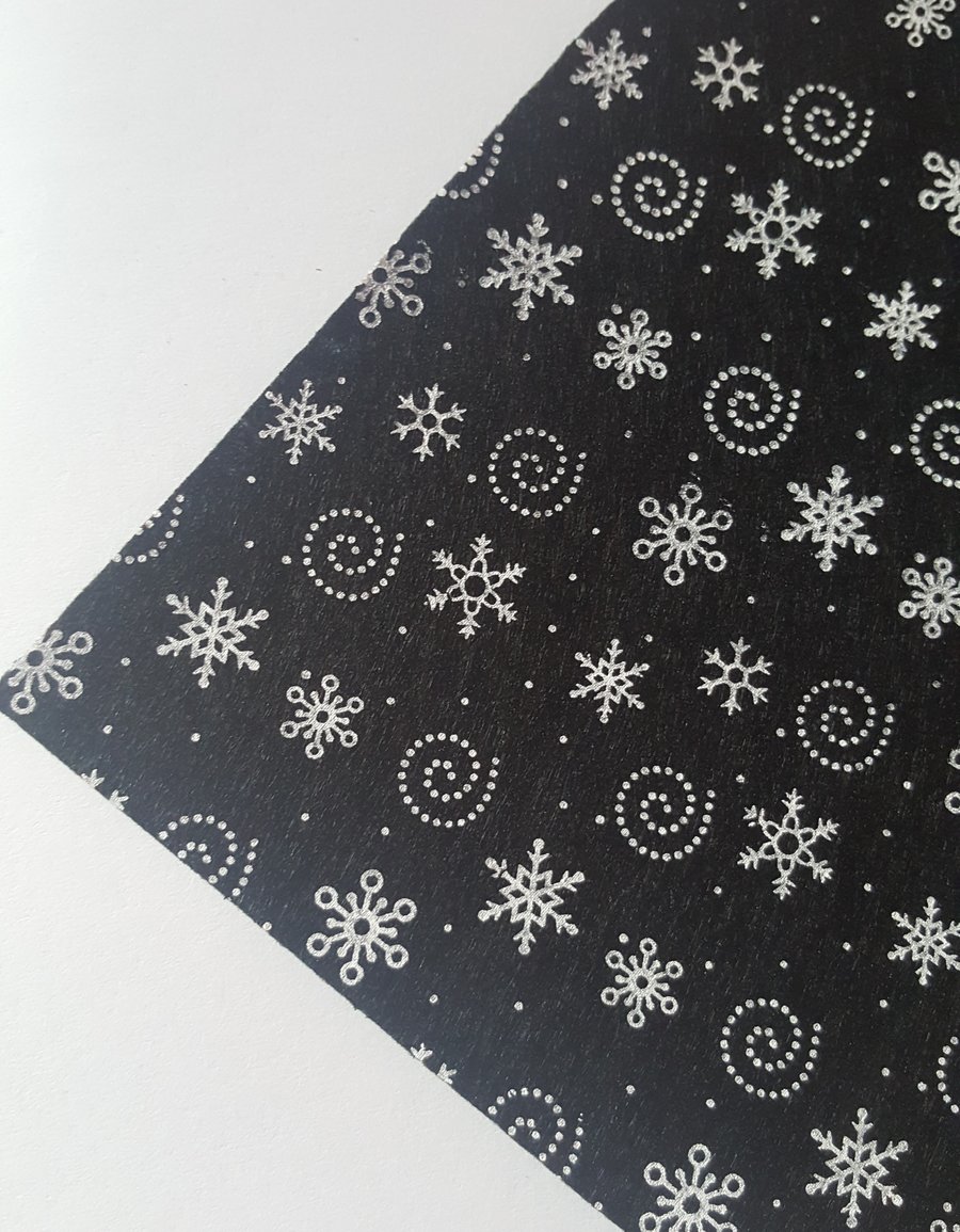 1 x Printed Felt Square - 12" x 12" - Snowflakes & Swirls - Black 