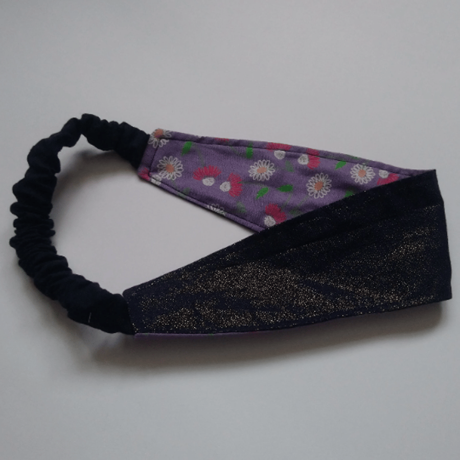 Blue Glitter and Purple Floral Reversible Headband