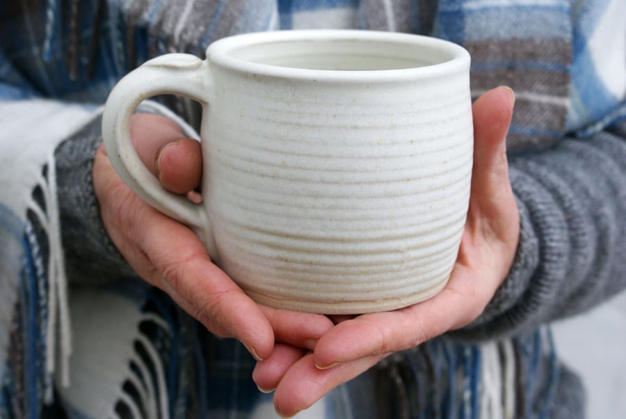 Two tankard style stoneware pottery tea mugs - glazed in vanilla cream