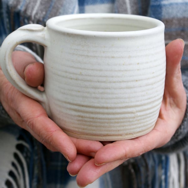 Two tankard style stoneware pottery tea mugs - glazed in vanilla cream