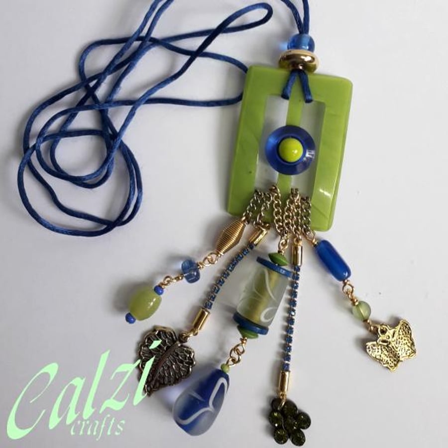 Upcycled Lime Green & Royal Blue Buckle Necklace