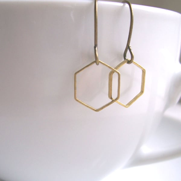 Delicate Honeycomb hexagon earrings - mixed metals golden brass geometric shapes