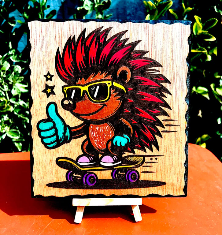 Funky hedgehog wooden plaque 