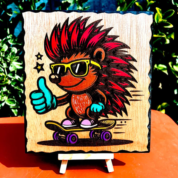 Funky hedgehog wooden plaque 
