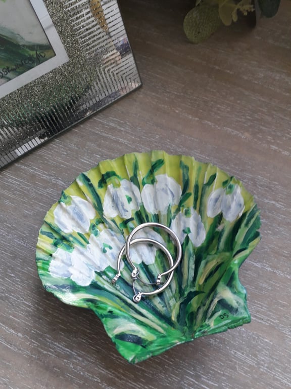 Snowdrops handpainted king scallop shell trinket dish