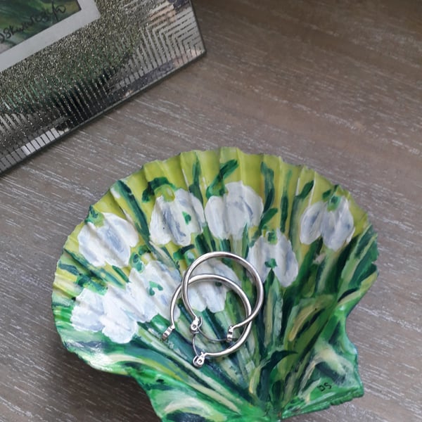 Snowdrops handpainted king scallop shell trinket dish