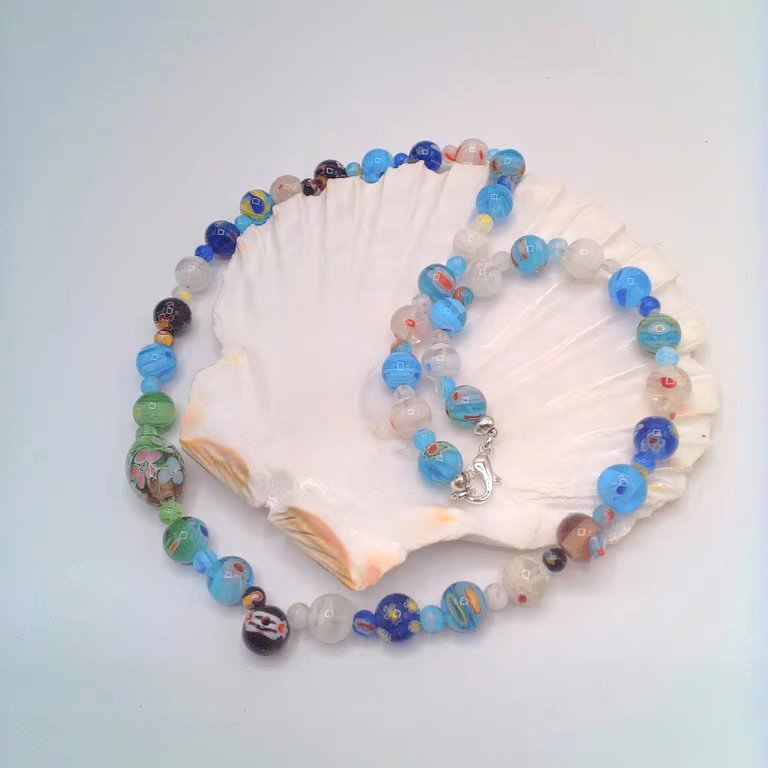 Blue Green and White Millefiori Bead Necklace, Millefiori Necklace, Gift for Her