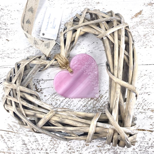 Fused Glass & Wicker Hanging Heart -  Wispy Pink 