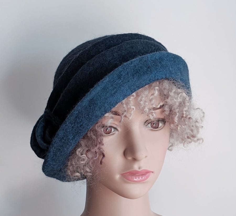 Navy and denim felted wool hat - homage to Downton!