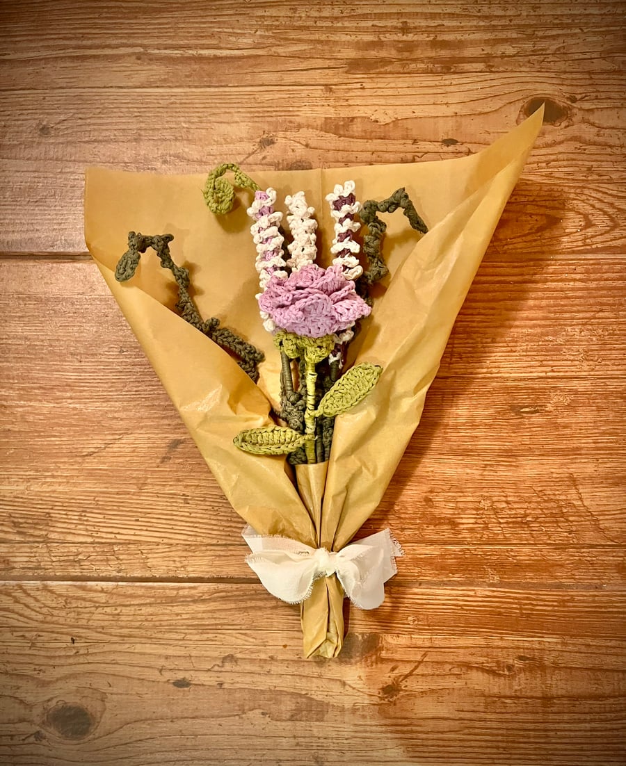 Crochet Rose & Lavender Bouquet, Flower Bouquet, Flowers