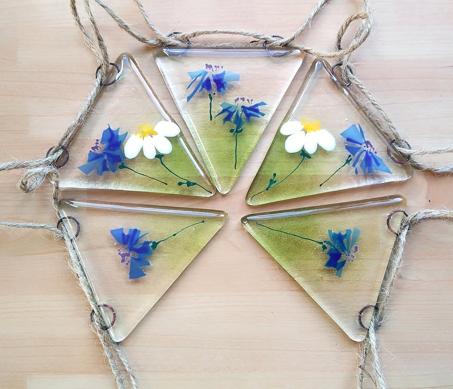 Fused Glass Flower Bunting: Cornflower & Daisy Garland, Cottagecore Decor