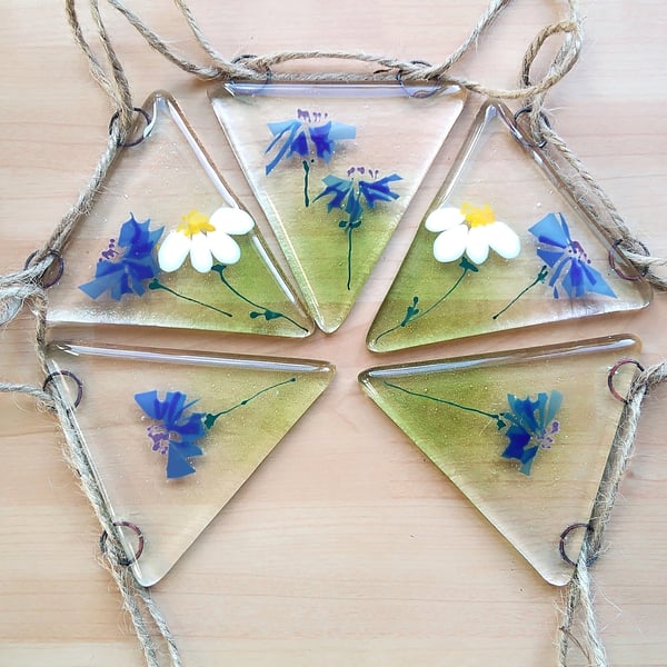 Fused Glass Flower Bunting: Cornflower & Daisy Garland, Cottagecore Decor