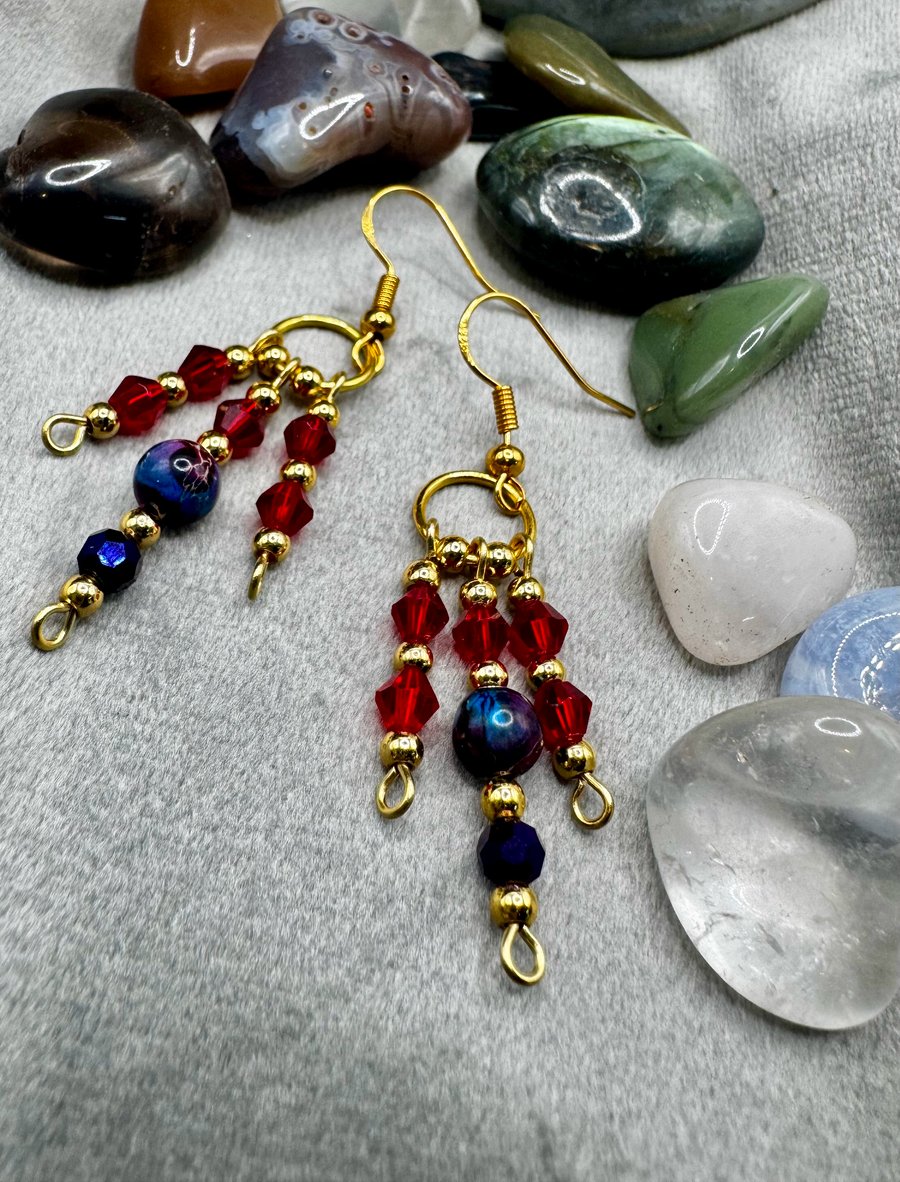 Jasper and garnet coloured glass bead earrings with gold accents 