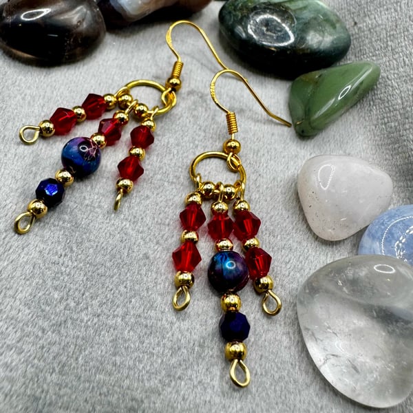 Jasper and garnet coloured glass bead earrings with gold accents 